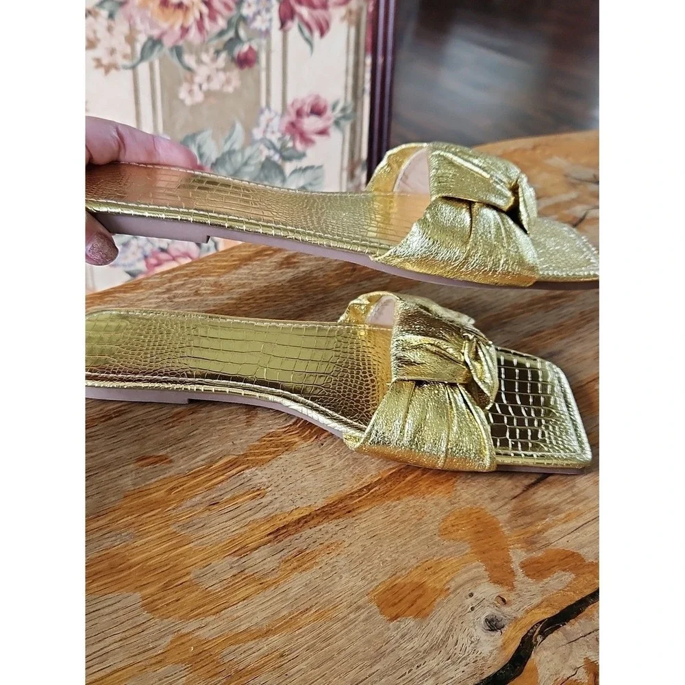 Metallic‎ Gold Knotted Croc Embossed Slides Flats Square Toe EUR 43